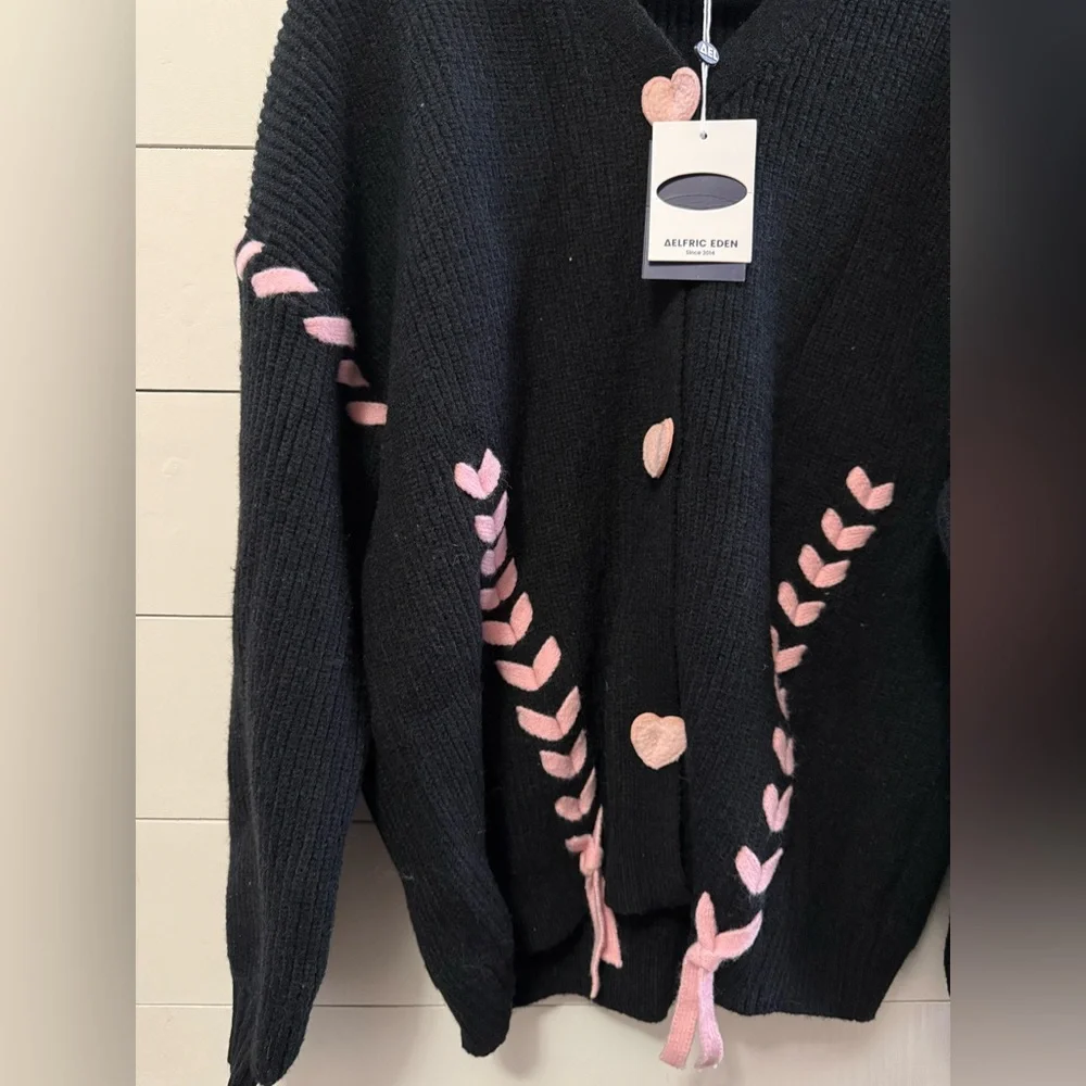 NWT Aelfric Eden Pink Black Hearts Ribbon Knit Sweater Cardigan Small Preppy - Picture 2 of 5